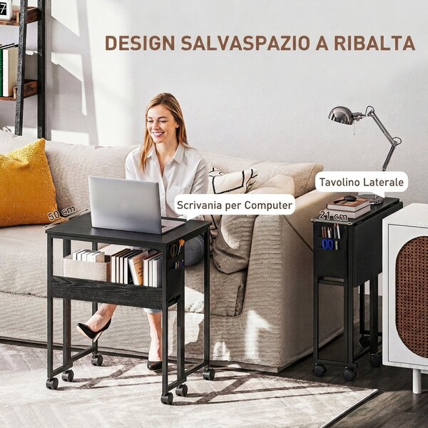 HOMCOM Scrivania Pieghevole con Ripiano Aperto e Tasca Laterale, in Legno e Acciaio, 63x50x75 cm, Nero | Aosom Italy