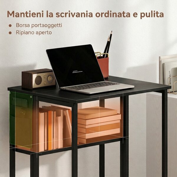 HOMCOM Scrivania Pieghevole con Ripiano Aperto e Tasca Laterale, in Legno e Acciaio, 63x50x75 cm, Nero | Aosom Italy