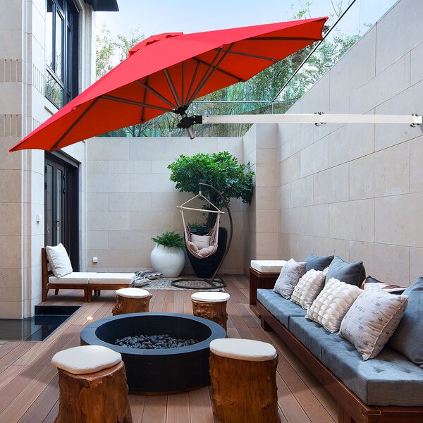 Costway Ombrellone da muro per giardino inclinabile con asta regolabile, Ombrellone decentrato da parete 244cm Rosso