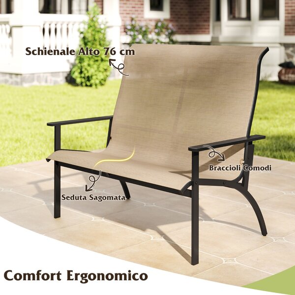 Costway Panca da giardino con schienale alto e braccioli per veranda anteriore per terrazzo, Sedia da esterno adirondack per 2 persone Caffè