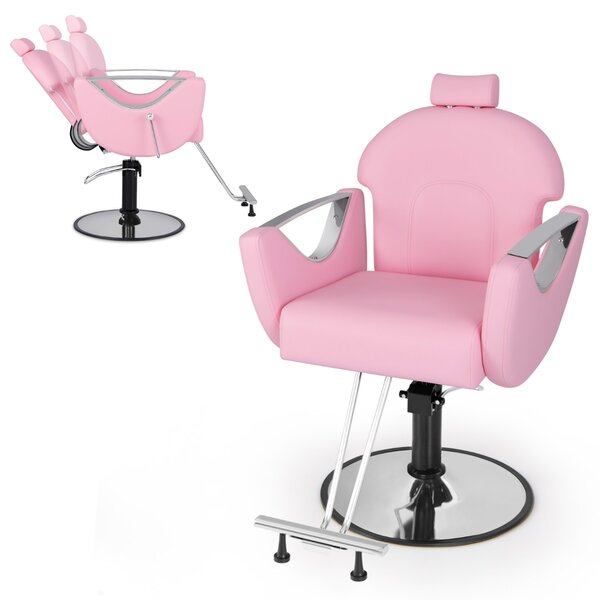 Costway Sedia da salone reclinabile con altezza regolabile e poggiatesta, Sedia girevole a 360° con pompa idraulica per parrucchieri Rosa