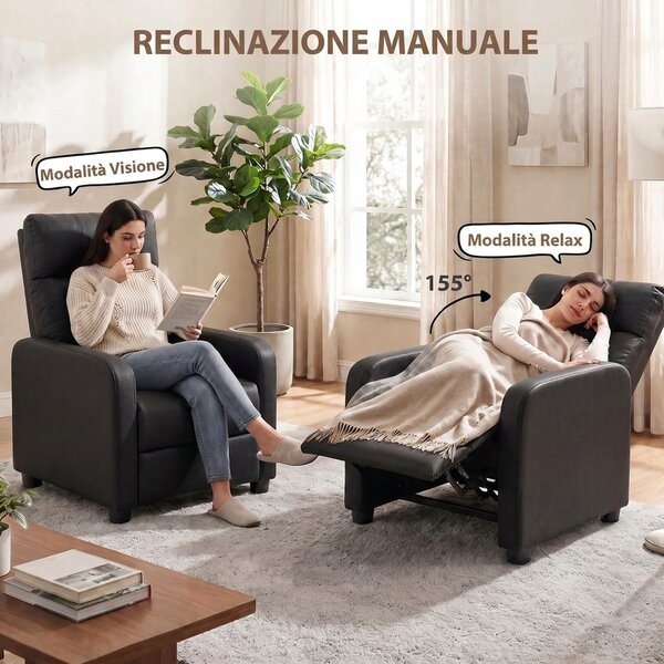 HOMCOM Poltrona Relax Reclinabile Manuale 155° con Poggiapiedi in Pelle PU per Soggiorno e Camera da Letto, Nero | Aosom Italy