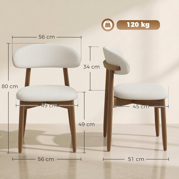 HOMCOM Set di 2 Sedie da Pranzo Rivestite in Lino senza Braccioli Schienale Curvo Gambe in Legno di Caucciù Crema | Aosom Italy