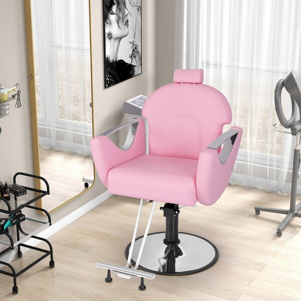 Costway Sedia da salone reclinabile con altezza regolabile e poggiatesta, Sedia girevole a 360° con pompa idraulica per parrucchieri Rosa