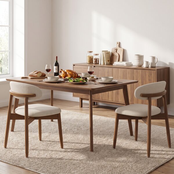 HOMCOM Set di 2 Sedie da Pranzo Rivestite in Lino senza Braccioli Schienale Curvo Gambe in Legno di Caucciù Crema | Aosom Italy