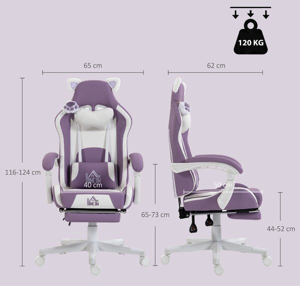 HOMCOM Sedia da Gaming Ergonomica con Orecchie da Gatto, Poggiapiedi, Supporto Lombare e Cervicale, Viola | Aosom Italy
