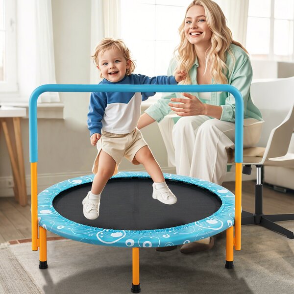 Costway Trampolino per bambini con copertura di sicurezza e maniglia, Tappeto elastico pieghevole 92x92x80,5cm Azzurro