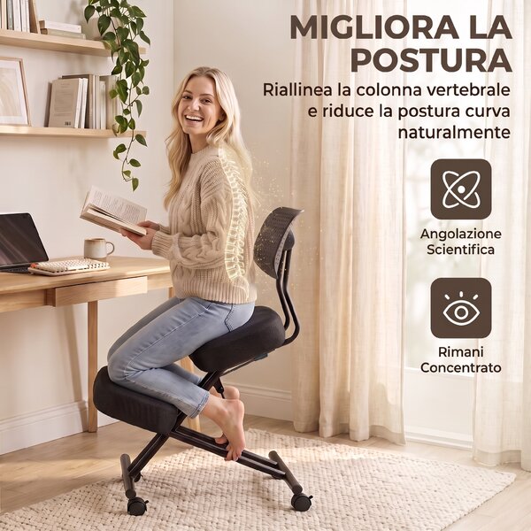 HOMCOM Sedia Ergonomica Posturale Regolabile con Schienale E Ruote Nero | Aosom Italy