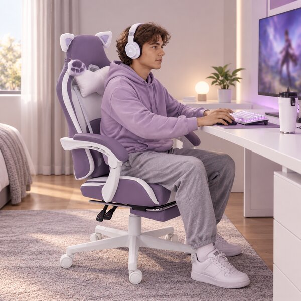HOMCOM Sedia da Gaming Ergonomica con Orecchie da Gatto, Poggiapiedi, Supporto Lombare e Cervicale, Viola | Aosom Italy
