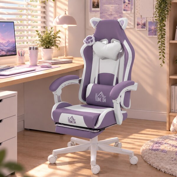 HOMCOM Sedia da Gaming Ergonomica con Orecchie da Gatto, Poggiapiedi, Supporto Lombare e Cervicale, Viola | Aosom Italy