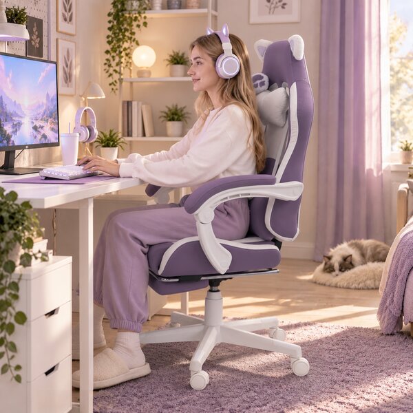 HOMCOM Sedia da Gaming Ergonomica con Orecchie da Gatto, Poggiapiedi, Supporto Lombare e Cervicale, Viola | Aosom Italy