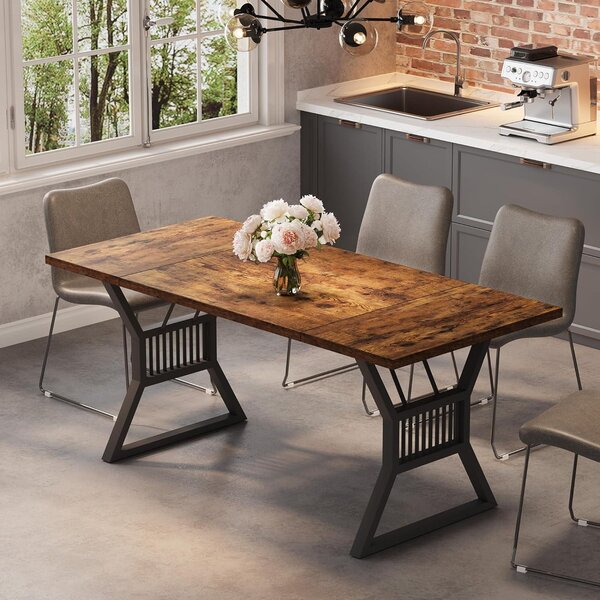 Tavolo da pranzo 180x80 cm, adatto per 6-8 persone, grande tavolo da cucina, gambe sagomate, stile rustico, colore marrone e nero
