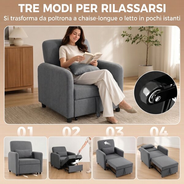 HOMCOM Poltrona Letto 3 in 1 Estraibile con Schienale Regolabile | Aosom Italy