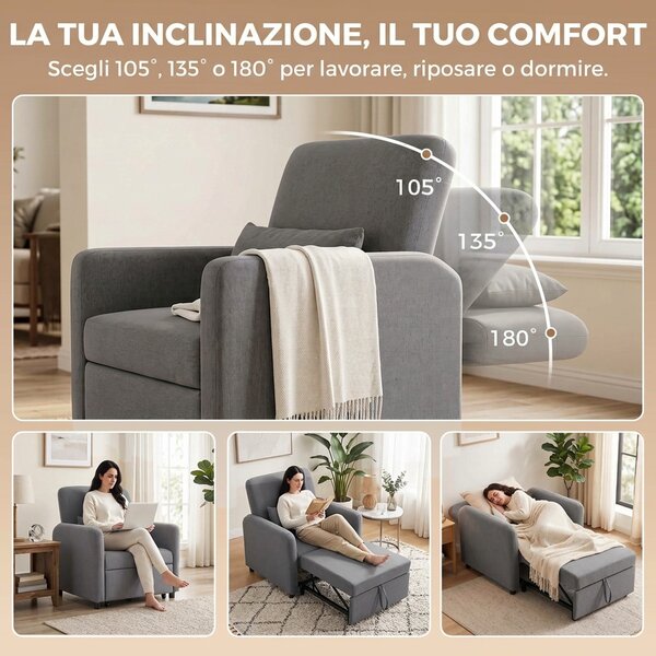 HOMCOM Poltrona Letto 3 in 1 Estraibile con Schienale Regolabile | Aosom Italy