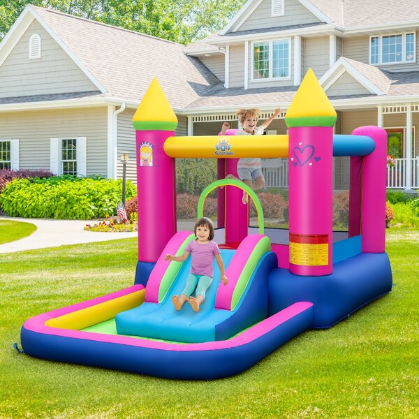 Costway Castello gonfiabile 4-in-1 a tema principessa per bambini con scivolo, Castello gonfiabile casa da salto per interni e esterni Colorato