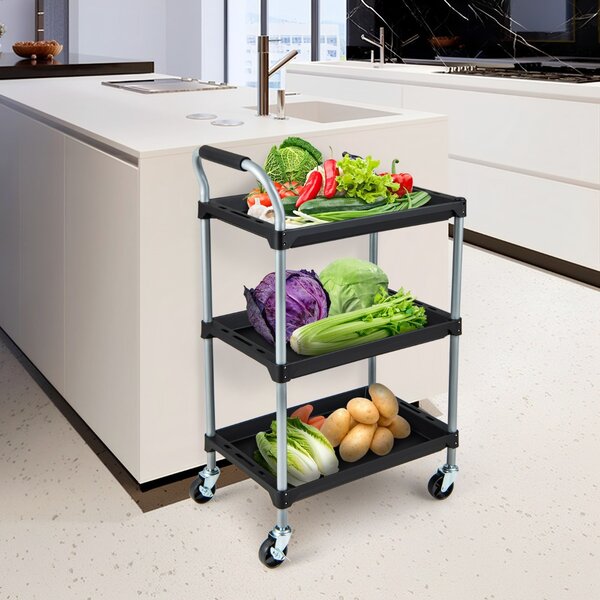 Costway Carrello di grande capacità organizzatore di utensili manico imbibito e ruote girevoli, Carrello utensili a 3 strati con ripiani Nero