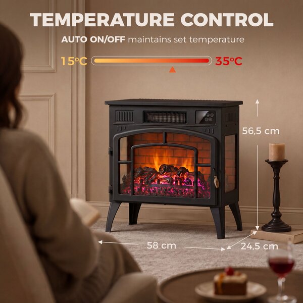 HOMCOM Camino Elettrico da Terra 1000/2000W WiFi Vista su Tre Lati, Fiamma 3D, Termostato Regolabile, Timer, 30㎡, Nero | Aosom Italy