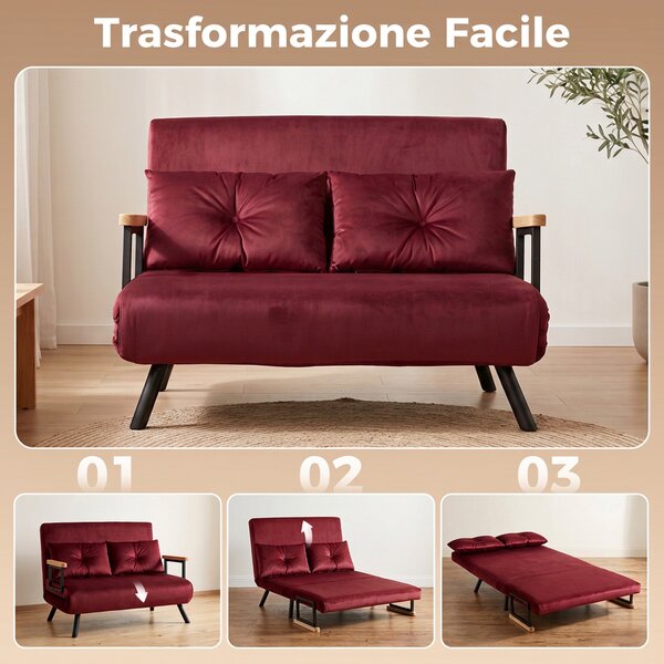 HOMCOM Divano Letto 3 in 1 in Tessuto Effetto Velluto con Schienale Regolabile e 2 Cuscini, 102x73x81 cm, Rosso Vino | Aosom Italy