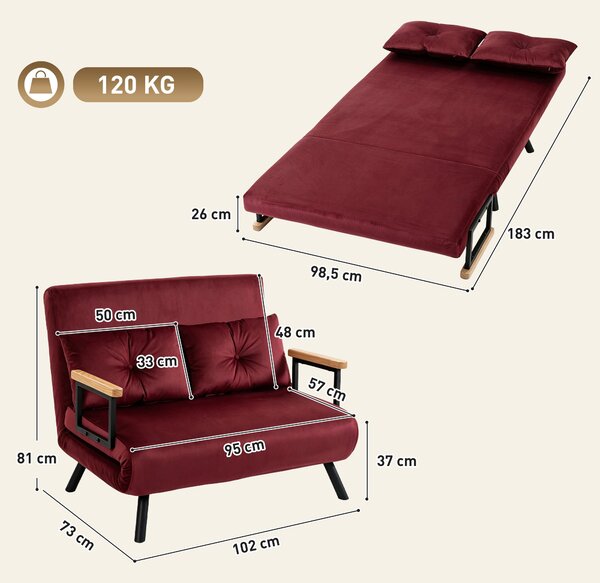 HOMCOM Divano Letto 3 in 1 in Tessuto Effetto Velluto con Schienale Regolabile e 2 Cuscini, 102x73x81 cm, Rosso Vino | Aosom Italy