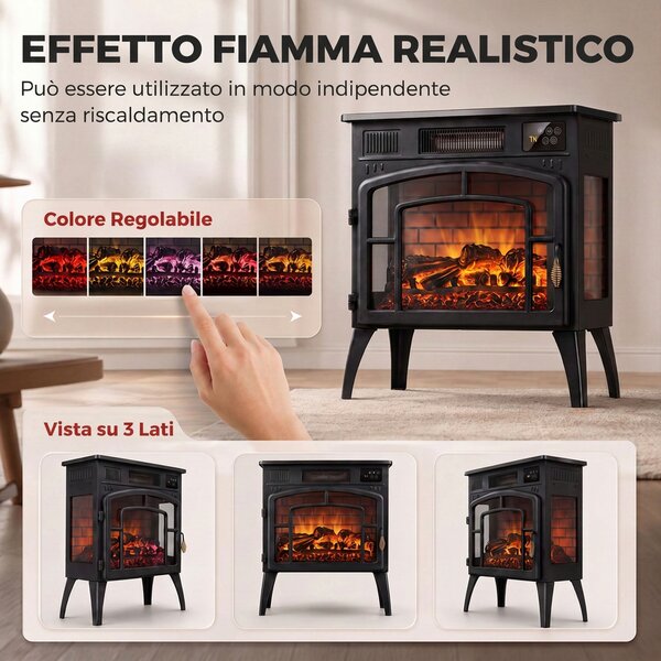 HOMCOM Camino Elettrico da Terra 1000/2000W WiFi Vista su Tre Lati, Fiamma 3D, Termostato Regolabile, Timer, 30㎡, Nero | Aosom Italy