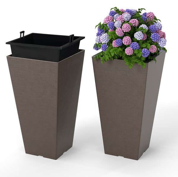 Costway Vasi da fiori auto-irriganti da 57 cm con secchio interno rimovibile e fori di drenaggio, Set di 2 vasi quadrati ed esterno per casa Marrone