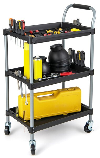 Costway Carrello di grande capacità organizzatore di utensili manico imbibito e ruote girevoli, Carrello utensili a 3 strati con ripiani Nero