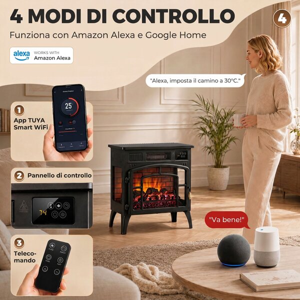 HOMCOM Camino Elettrico da Terra 1000/2000W WiFi Vista su Tre Lati, Fiamma 3D, Termostato Regolabile, Timer, 30㎡, Nero | Aosom Italy