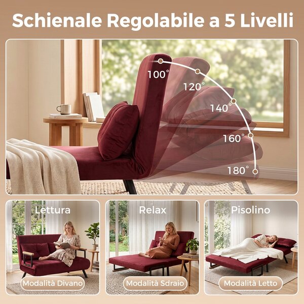 HOMCOM Divano Letto 3 in 1 in Tessuto Effetto Velluto con Schienale Regolabile e 2 Cuscini, 102x73x81 cm, Rosso Vino | Aosom Italy