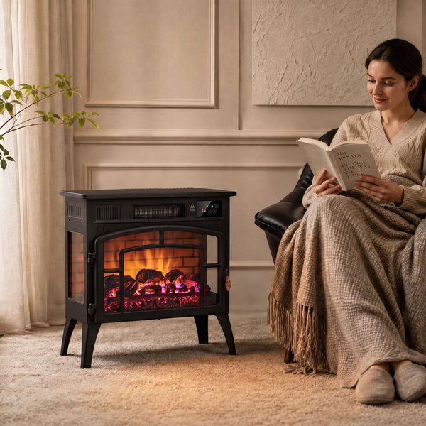 HOMCOM Camino Elettrico da Terra 1000/2000W WiFi Vista su Tre Lati, Fiamma 3D, Termostato Regolabile, Timer, 30㎡, Nero | Aosom Italy