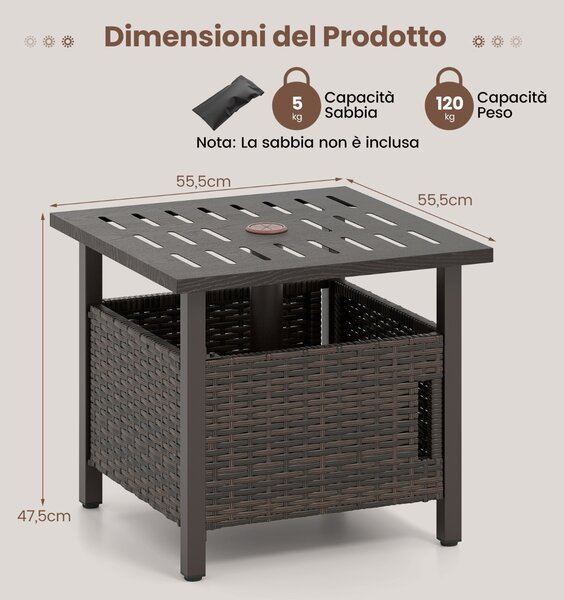 Costway Tavolo da patio in vimini PE a tutto clima con struttura antiruggine per giardino, Tavolino da esterno con foro per ombrellone Marrone