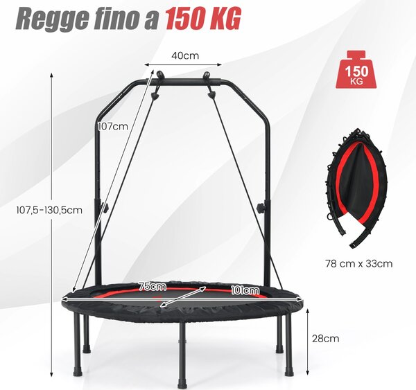Costway Trampolino pieghevole 101 cm con 2 bande di resistenza per bambini e adulti, Trampolino con maniglia regolabile in altezza Rosso