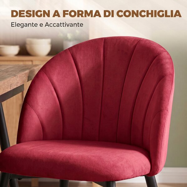HOMCOM Set 2 Sedie da Pranzo Imbottite con Schienale a Conchiglia in Velluto, 52x55x79 cm, Rosso Vino | Aosom Italy