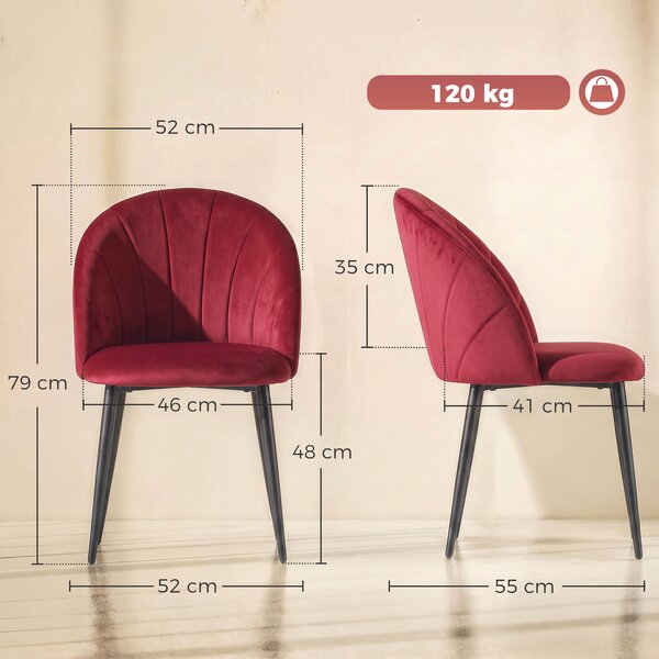 HOMCOM Set 2 Sedie da Pranzo Imbottite con Schienale a Conchiglia in Velluto, 52x55x79 cm, Rosso Vino | Aosom Italy