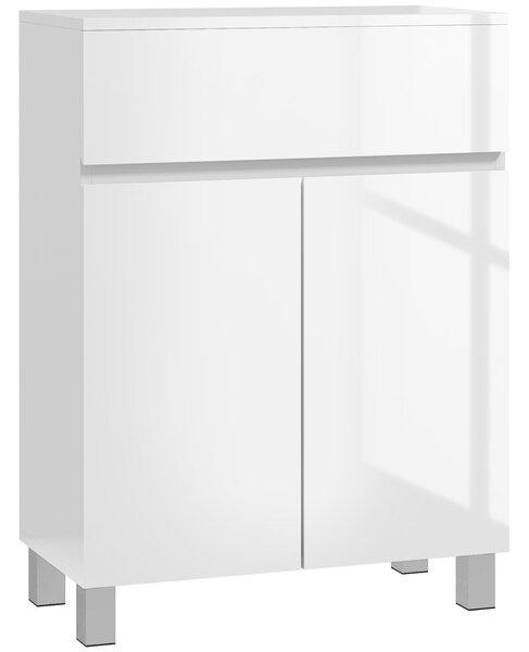 Kleankin Mobile Bagno Lucido, Mobiletto Bagno Salvaspazio con Cassetto e Ripiano Regolabile, 60x30x80cm, Bianco | Aosom Italy