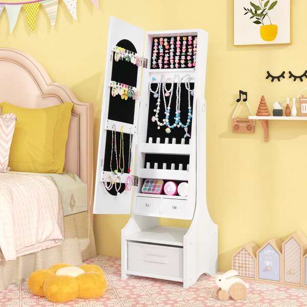 Costway Armadio portagioie per bambine regalo di compleanno e natale per ragazze, Specchio da toilette per bambini con ganci ripiani e cassetti Bianco