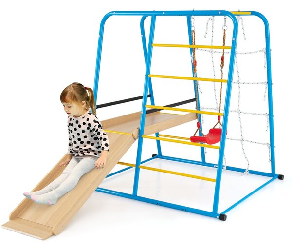 Costway Set da arrampicata di metallo montessori 6 in 1 con scivolo altalena sbarre, Parco giochi da interno per bambini Blu
