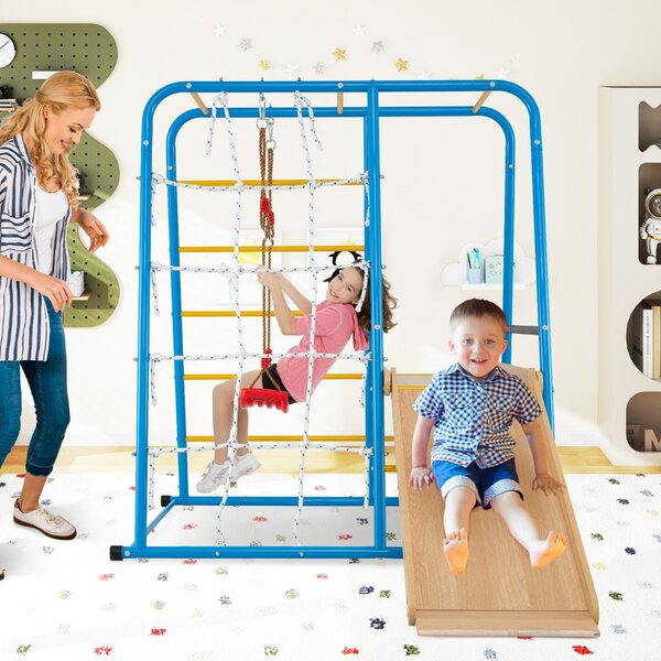 Costway Set da arrampicata di metallo montessori 6 in 1 con scivolo altalena sbarre, Parco giochi da interno per bambini Blu