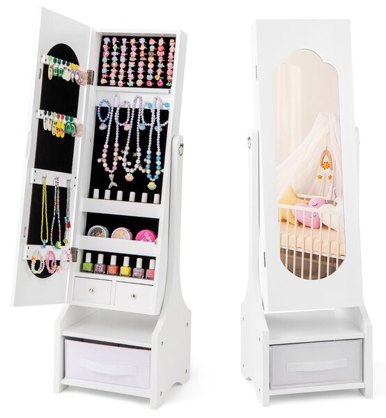 Costway Armadio portagioie per bambine regalo di compleanno e natale per ragazze, Specchio da toilette per bambini con ganci ripiani e cassetti Bianco