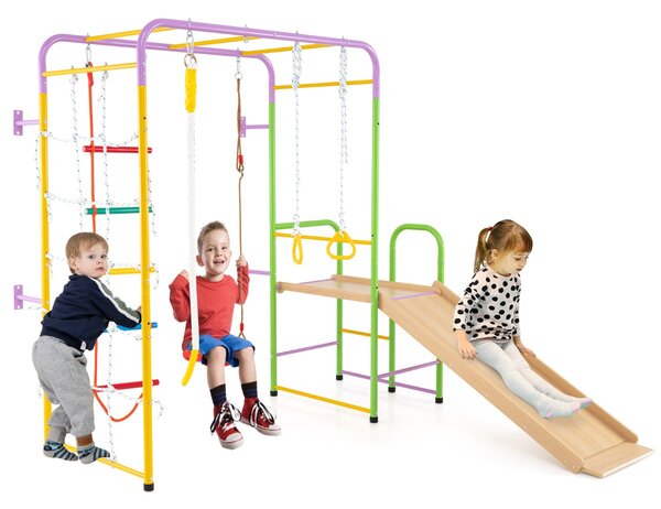 Costway Playset da arrampicata 8 in 1 con barre parco giochi da interno anelli ginnici, Set giocattoli scivolo per bambini regalo per età 3+