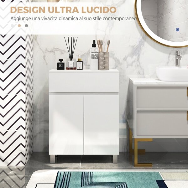 Kleankin Mobile Bagno Lucido, Mobiletto Bagno Salvaspazio con Cassetto e Ripiano Regolabile, 60x30x80cm, Bianco | Aosom Italy