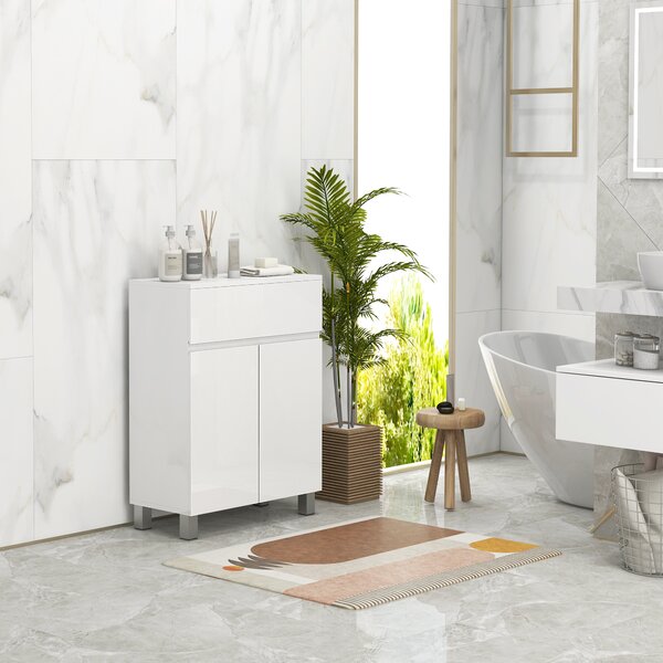 Kleankin Mobile Bagno Lucido, Mobiletto Bagno Salvaspazio con Cassetto e Ripiano Regolabile, 60x30x80cm, Bianco | Aosom Italy