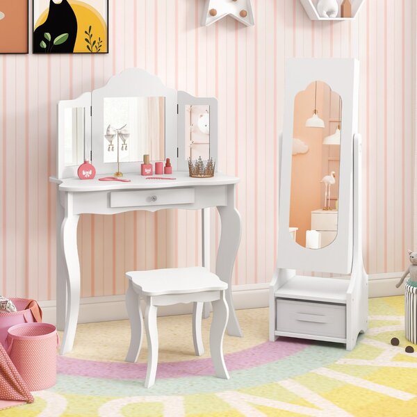 Costway Armadio portagioie per bambine regalo di compleanno e natale per ragazze, Specchio da toilette per bambini con ganci ripiani e cassetti Bianco