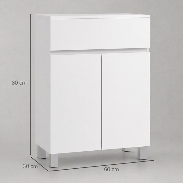 Kleankin Mobile Bagno Lucido, Mobiletto Bagno Salvaspazio con Cassetto e Ripiano Regolabile, 60x30x80cm, Bianco | Aosom Italy