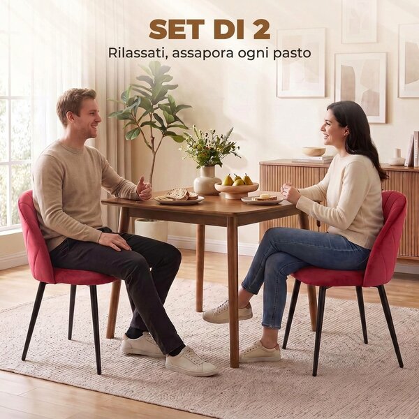 HOMCOM Set 2 Sedie da Pranzo Imbottite con Schienale a Conchiglia in Velluto, 52x55x79 cm, Rosso Vino | Aosom Italy