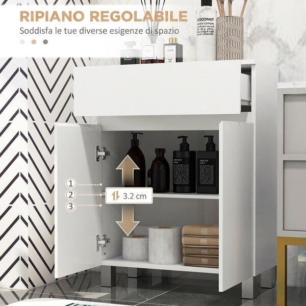 Kleankin Mobile Bagno Lucido, Mobiletto Bagno Salvaspazio con Cassetto e Ripiano Regolabile, 60x30x80cm, Bianco | Aosom Italy