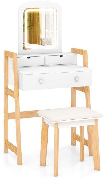 Costway Tavolo da trucco con luci LED a 3 colori gambe in legno di pino e altezza regolabile, Set da toeletta con specchio illuminato Bianco