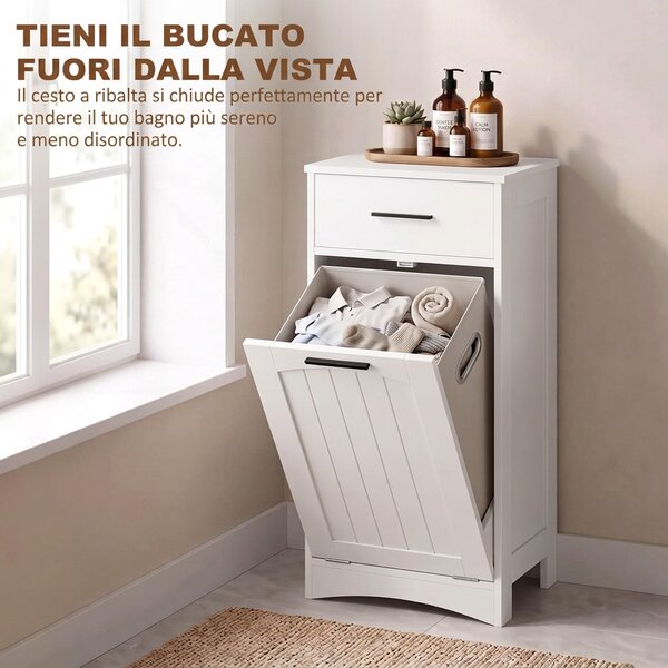 HOMCOM Mobile Portabiancheria con Cassetto e Scomparto a Ribalta, per Lavanderia e Bagno, 42x30x82 cm, Bianco | Aosom Italy