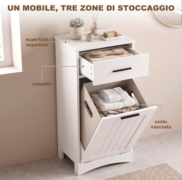 HOMCOM Mobile Portabiancheria con Cassetto e Scomparto a Ribalta, per Lavanderia e Bagno, 42x30x82 cm, Bianco | Aosom Italy