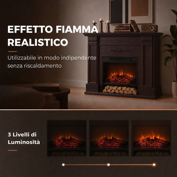 HOMCOM Camino Elettrico da Terra/Incasso con Cornice e Ripiano per TV 55'', 1800W, Effetto Fiamma 3D, Timer, Marrone | Aosom Italy