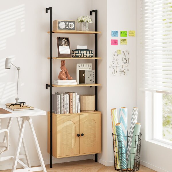 Costway Libreria scala armadietto scaffale a scala a parete con ripiano regolabile, Libreria a 3 livelli con armadietto in rattan Legno naturale